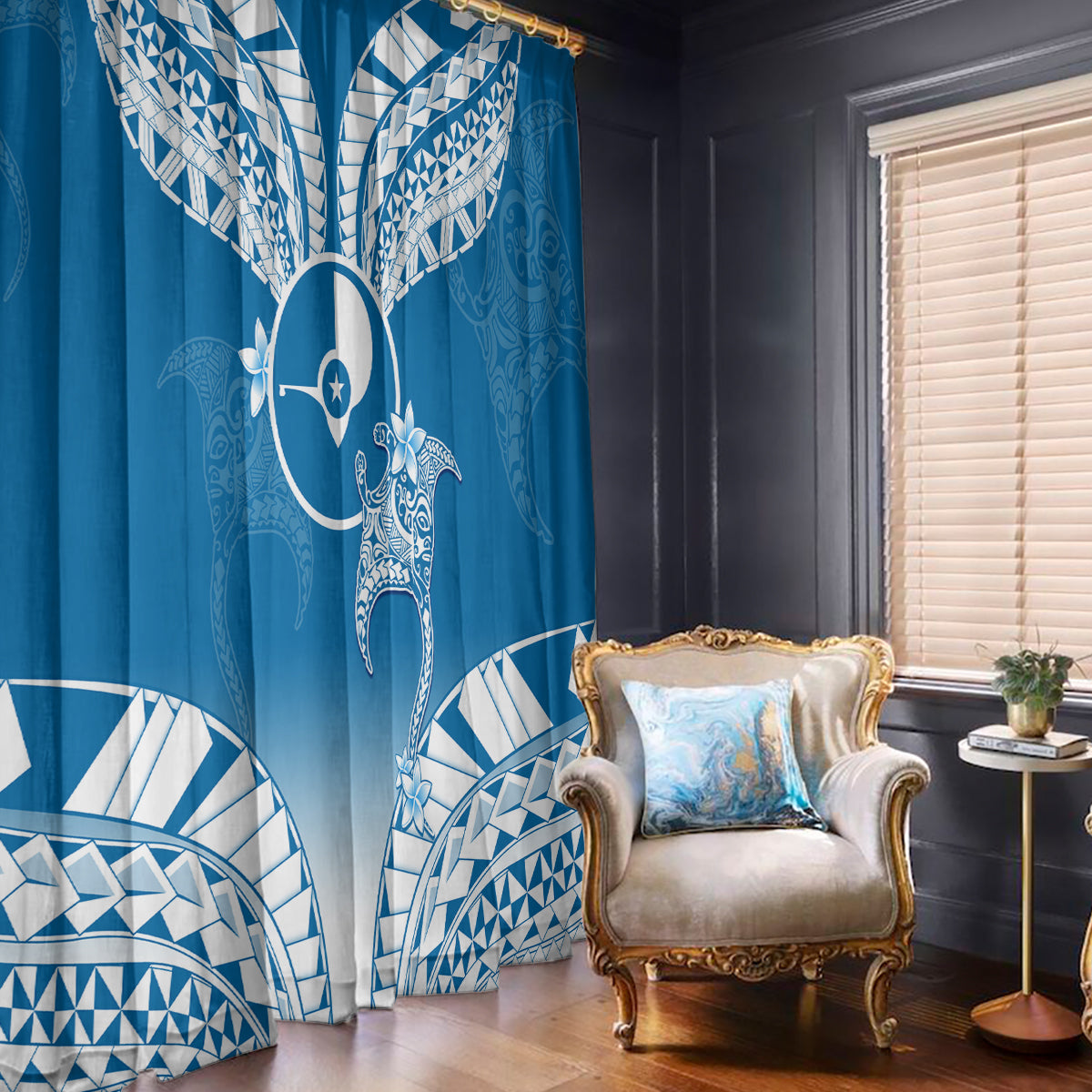 FSM Yap Constitution Day Window Curtain Polynesian Batoids LT05 With Hooks Blue - Polynesian Pride