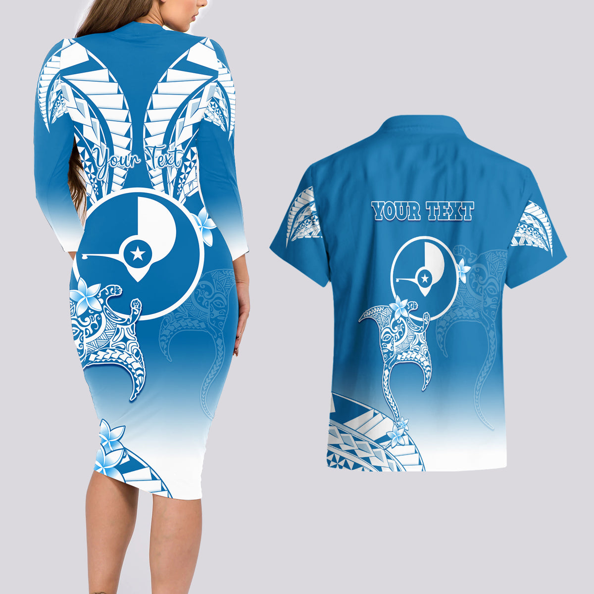 Personalised FSM Yap Constitution Day Couples Matching Long Sleeve Bodycon Dress and Hawaiian Shirt Polynesian Batoids LT05 - Polynesian Pride