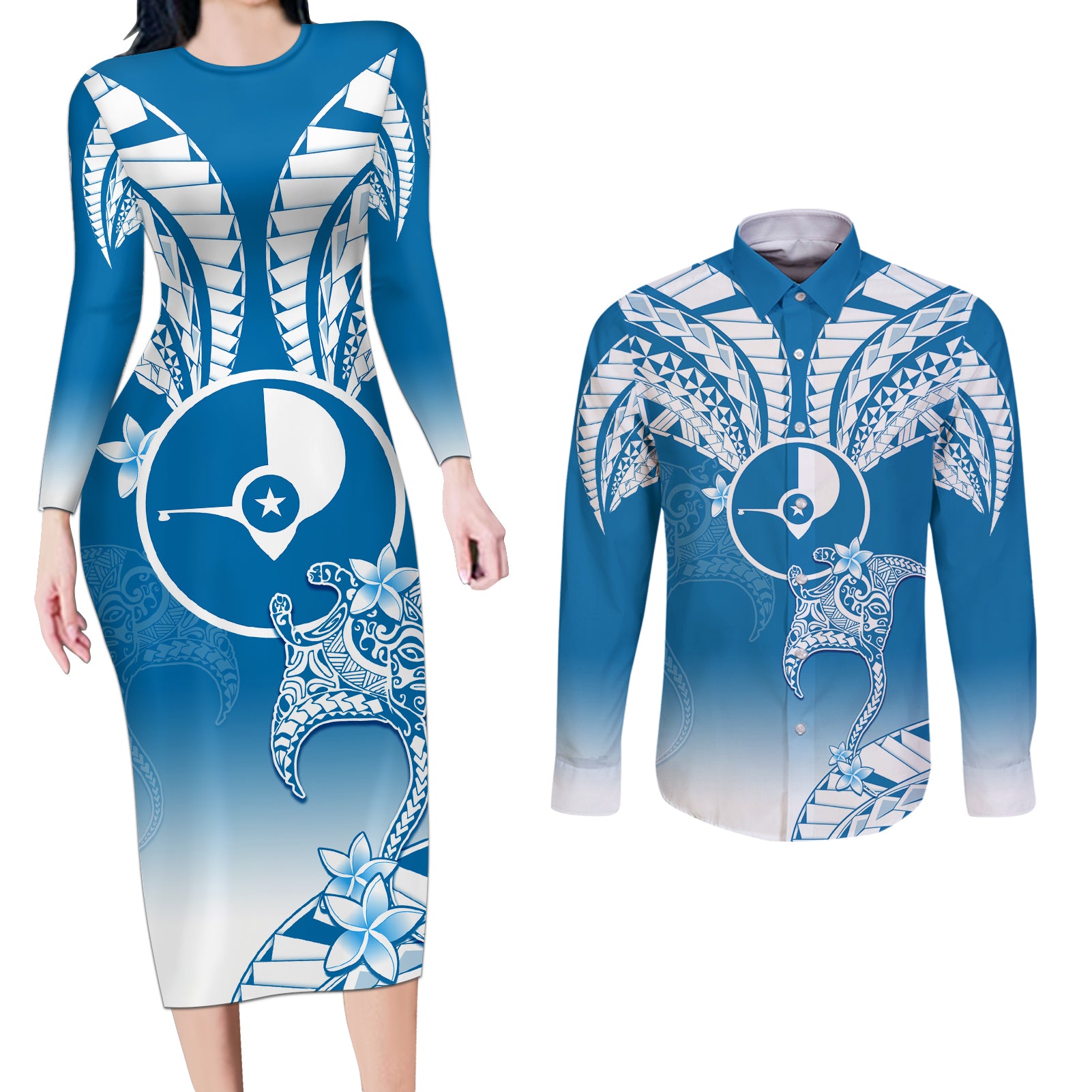 Personalised FSM Yap Constitution Day Couples Matching Long Sleeve Bodycon Dress and Long Sleeve Button Shirt Polynesian Batoids LT05 Blue - Polynesian Pride