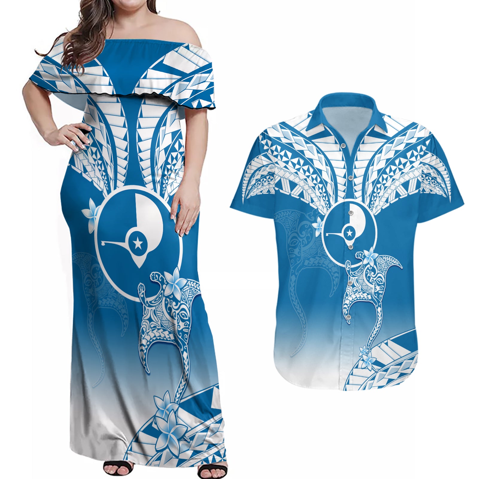 Personalised FSM Yap Constitution Day Couples Matching Off Shoulder Maxi Dress and Hawaiian Shirt Polynesian Batoids LT05 Blue - Polynesian Pride