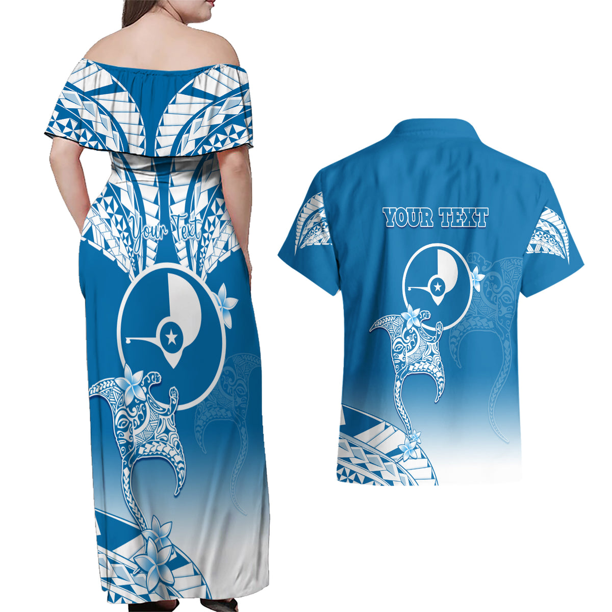 Personalised FSM Yap Constitution Day Couples Matching Off Shoulder Maxi Dress and Hawaiian Shirt Polynesian Batoids LT05 - Polynesian Pride