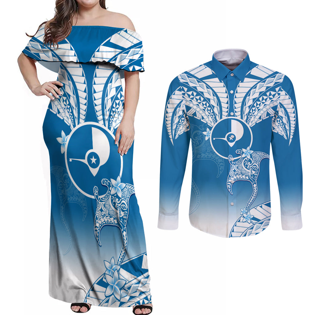 Personalised FSM Yap Constitution Day Couples Matching Off Shoulder Maxi Dress and Long Sleeve Button Shirt Polynesian Batoids LT05 Blue - Polynesian Pride