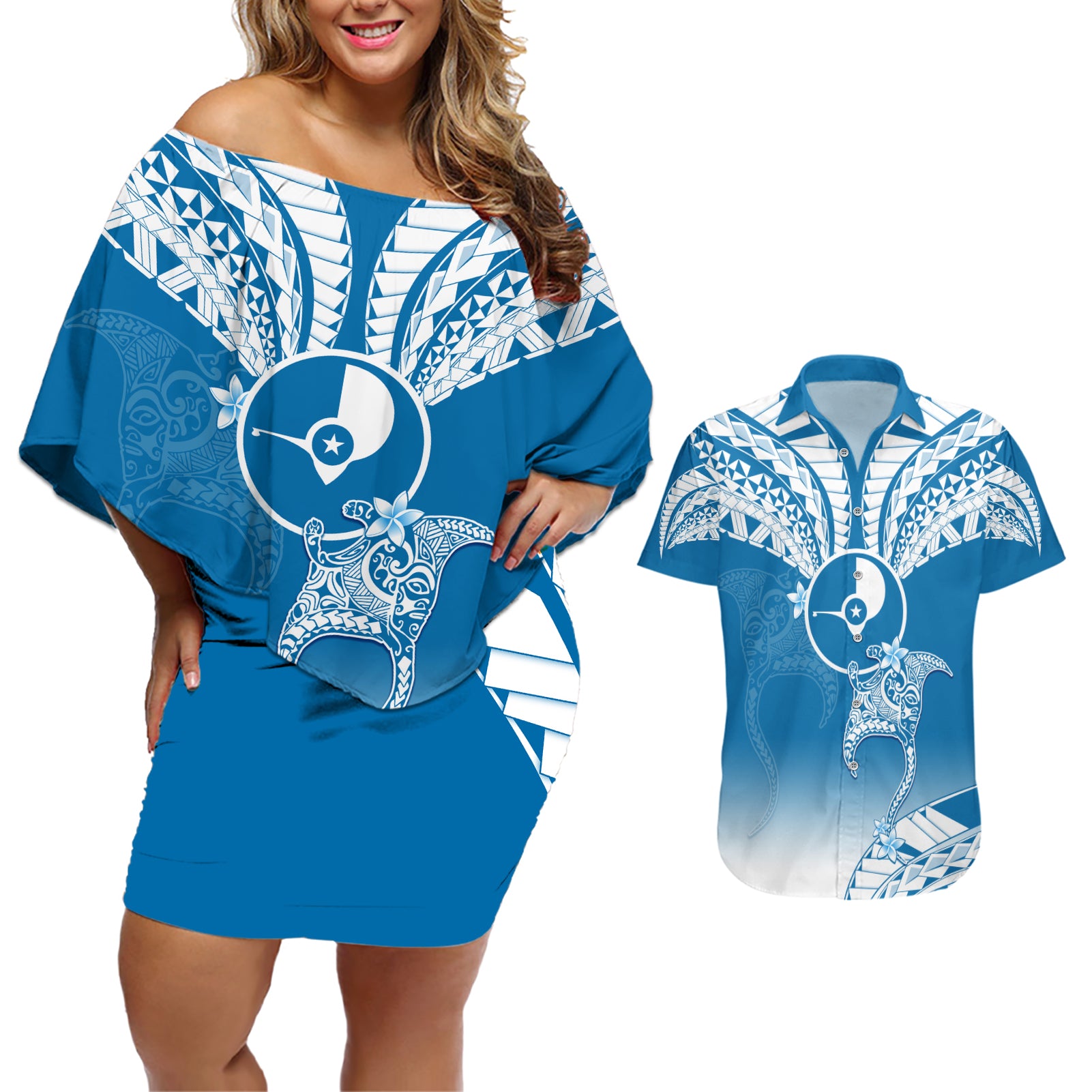 Personalised FSM Yap Constitution Day Couples Matching Off Shoulder Short Dress and Hawaiian Shirt Polynesian Batoids LT05 Blue - Polynesian Pride