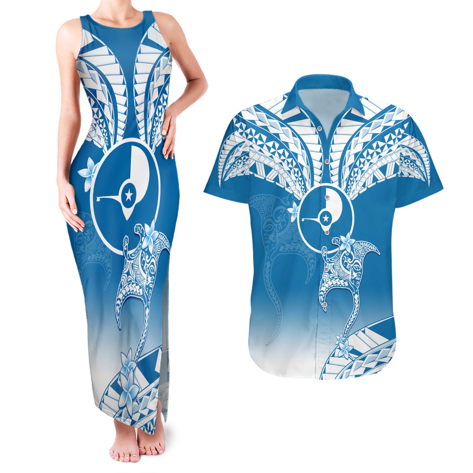 Personalised FSM Yap Constitution Day Couples Matching Tank Maxi Dress and Hawaiian Shirt Polynesian Batoids LT05 Blue - Polynesian Pride