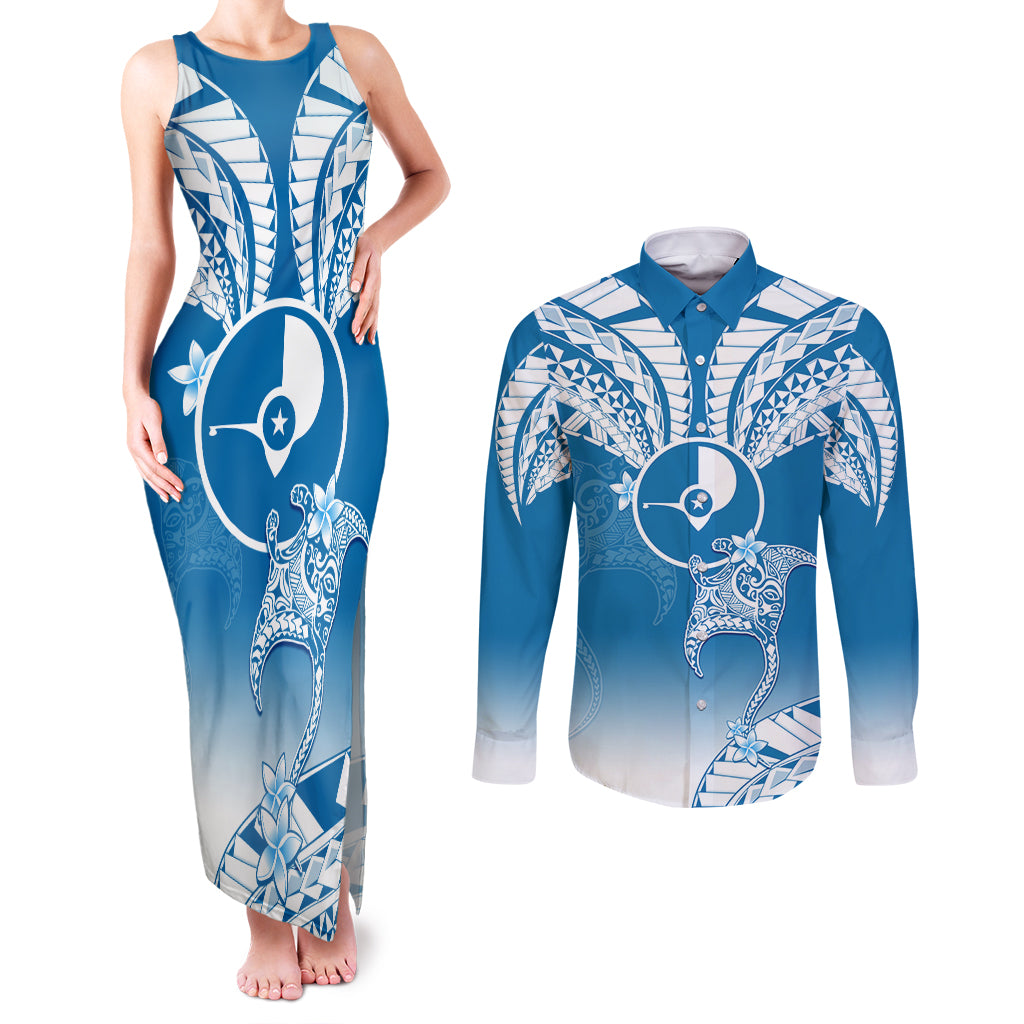 Personalised FSM Yap Constitution Day Couples Matching Tank Maxi Dress and Long Sleeve Button Shirt Polynesian Batoids LT05 Blue - Polynesian Pride