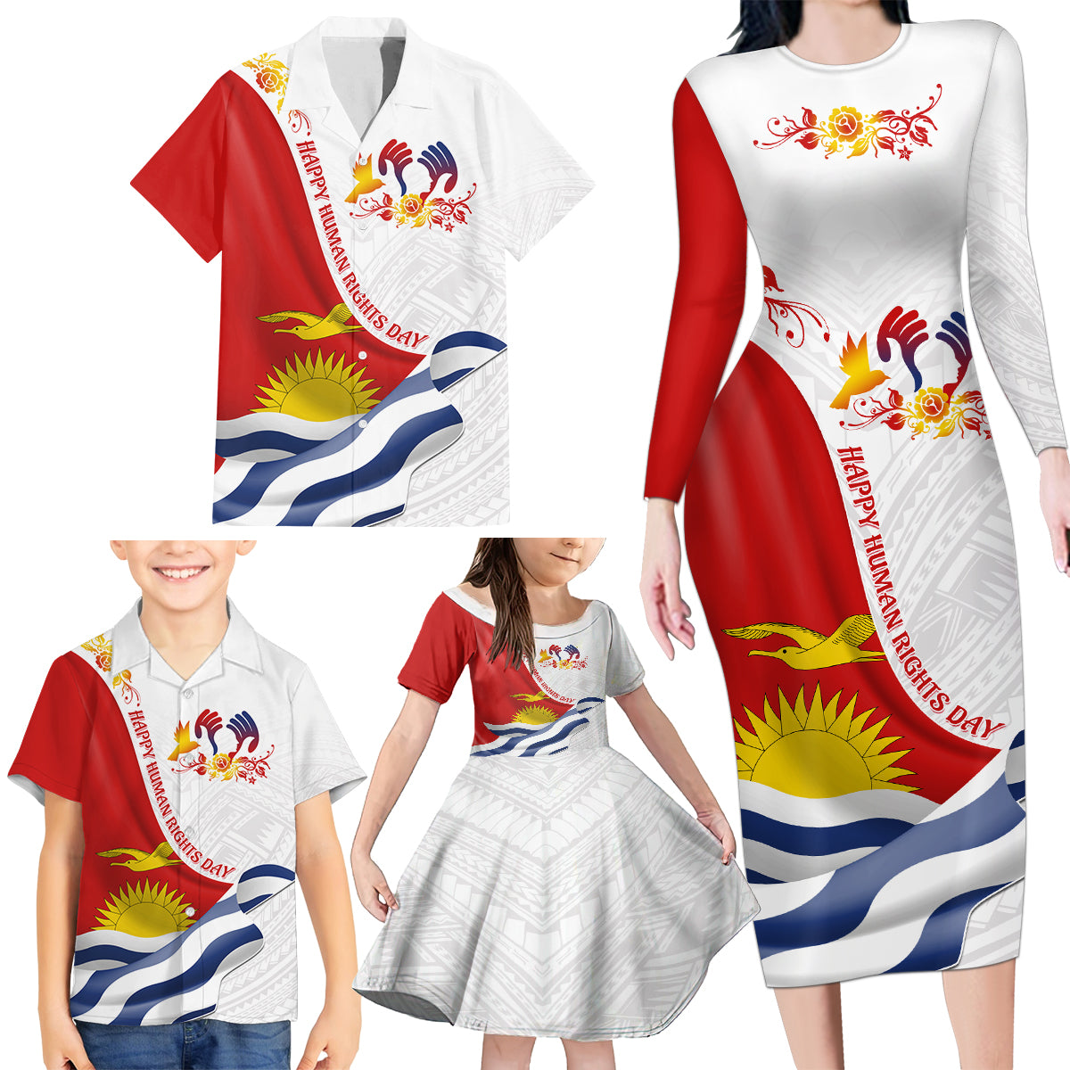 Personalised Kiribati Human Rights Day Family Matching Long Sleeve Bodycon Dress and Hawaiian Shirt Polynesian Style LT05 - Polynesian Pride