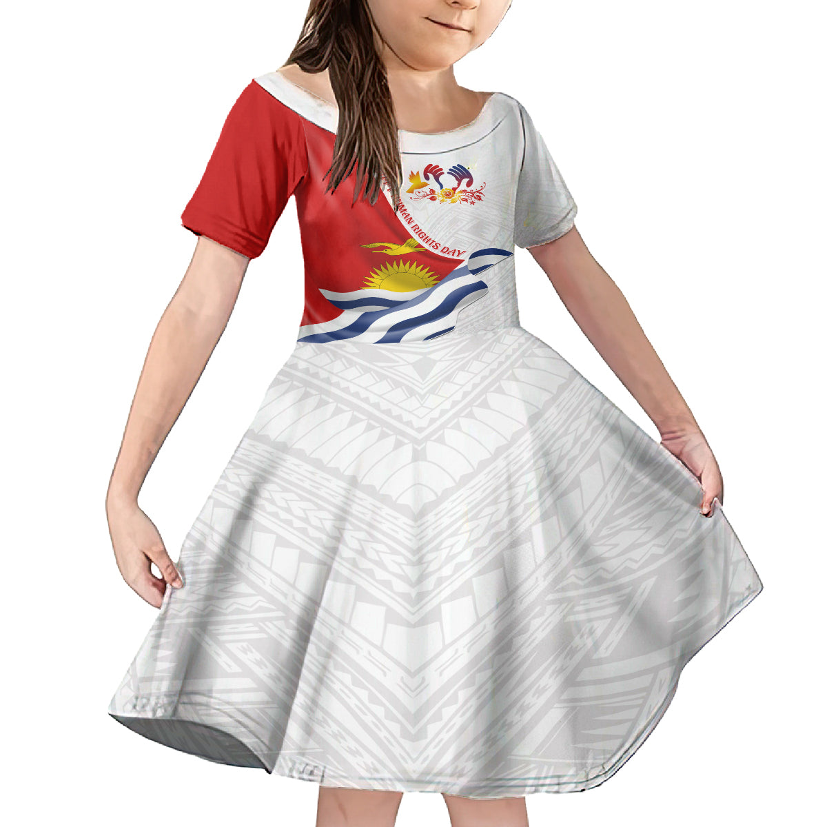 Personalised Kiribati Human Rights Day Family Matching Off Shoulder Long Sleeve Dress and Hawaiian Shirt Polynesian Style LT05 Daughter's Dress White - Polynesian Pride