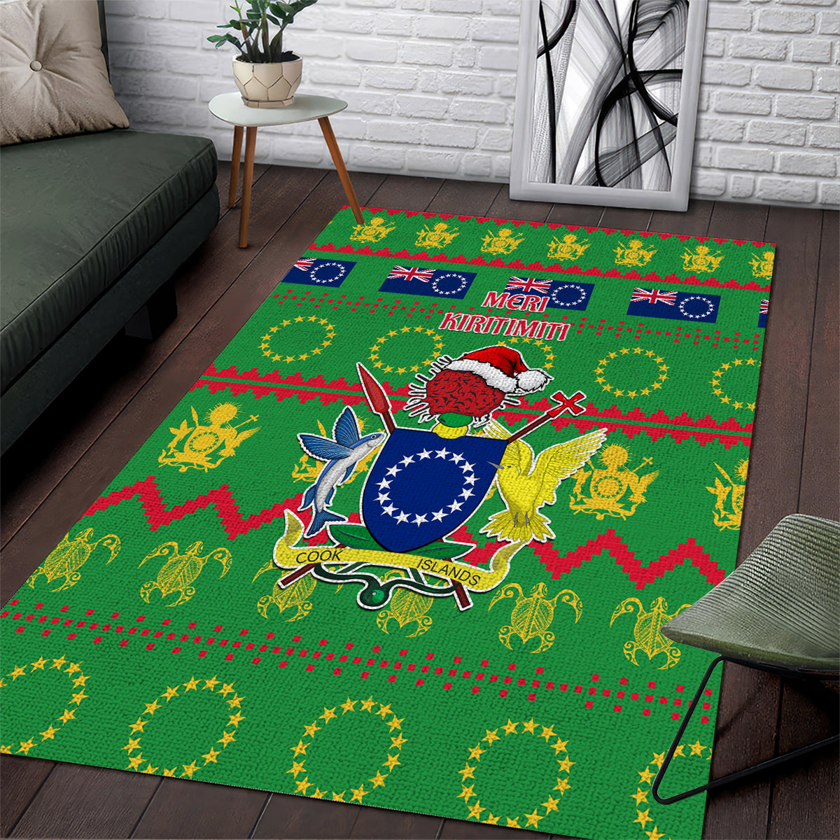 Cook Islands Christmas Area Rug Santa Coat Of Arms Meri Kiritimiti LT05 Green - Polynesian Pride