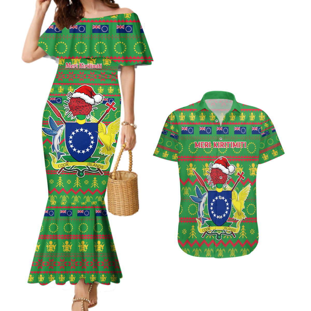 Personalised Cook Islands Christmas Couples Matching Mermaid Dress and Hawaiian Shirt Santa Coat Of Arms Meri Kiritimiti LT05 Green - Polynesian Pride