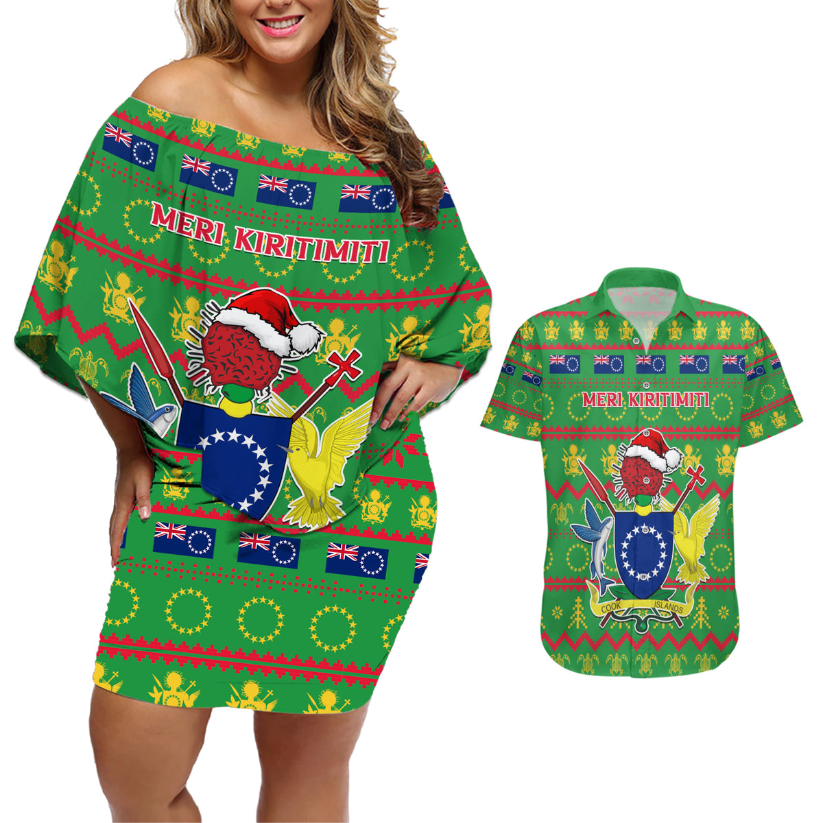 Personalised Cook Islands Christmas Couples Matching Off Shoulder Short Dress and Hawaiian Shirt Santa Coat Of Arms Meri Kiritimiti LT05 Green - Polynesian Pride