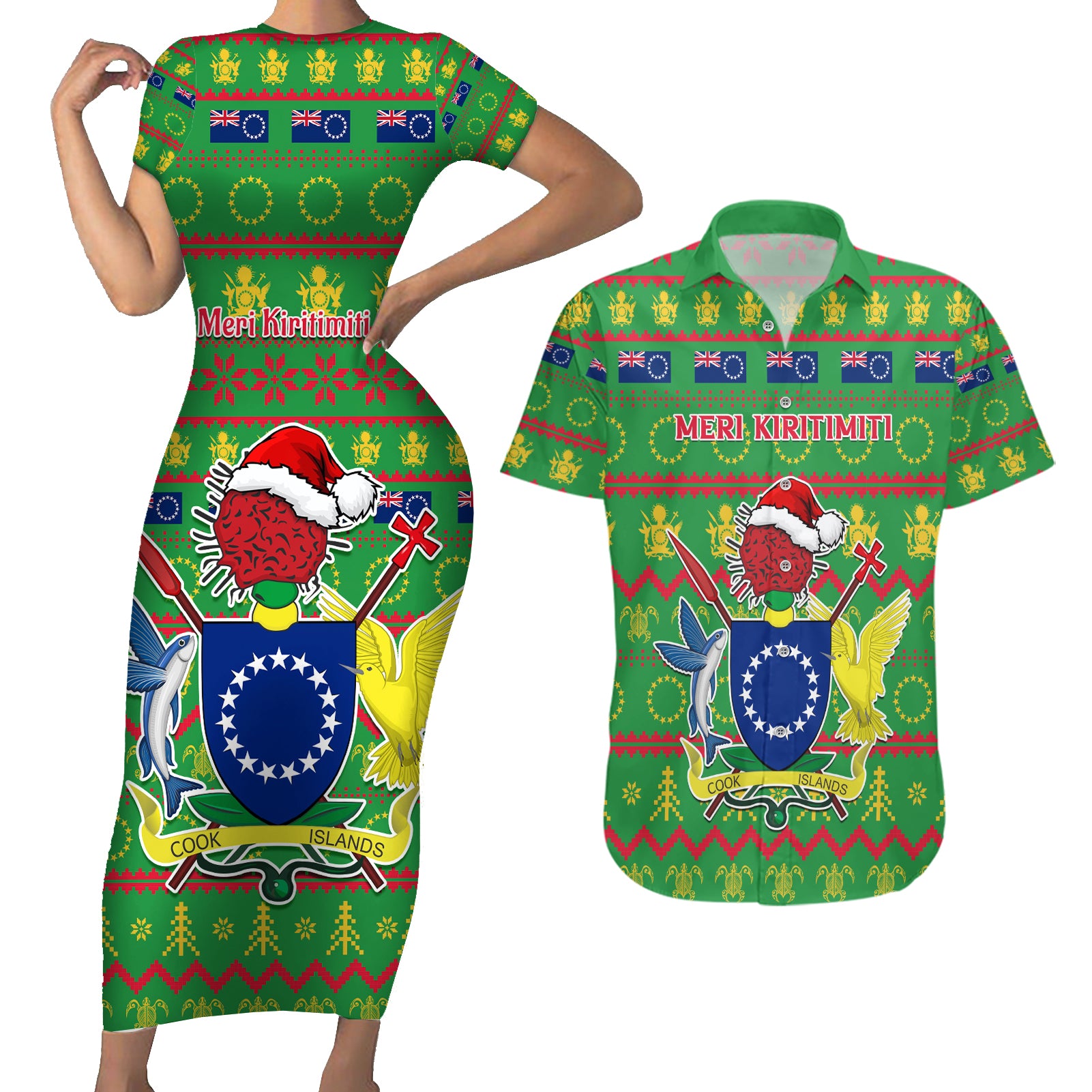 Personalised Cook Islands Christmas Couples Matching Short Sleeve Bodycon Dress and Hawaiian Shirt Santa Coat Of Arms Meri Kiritimiti LT05 Green - Polynesian Pride