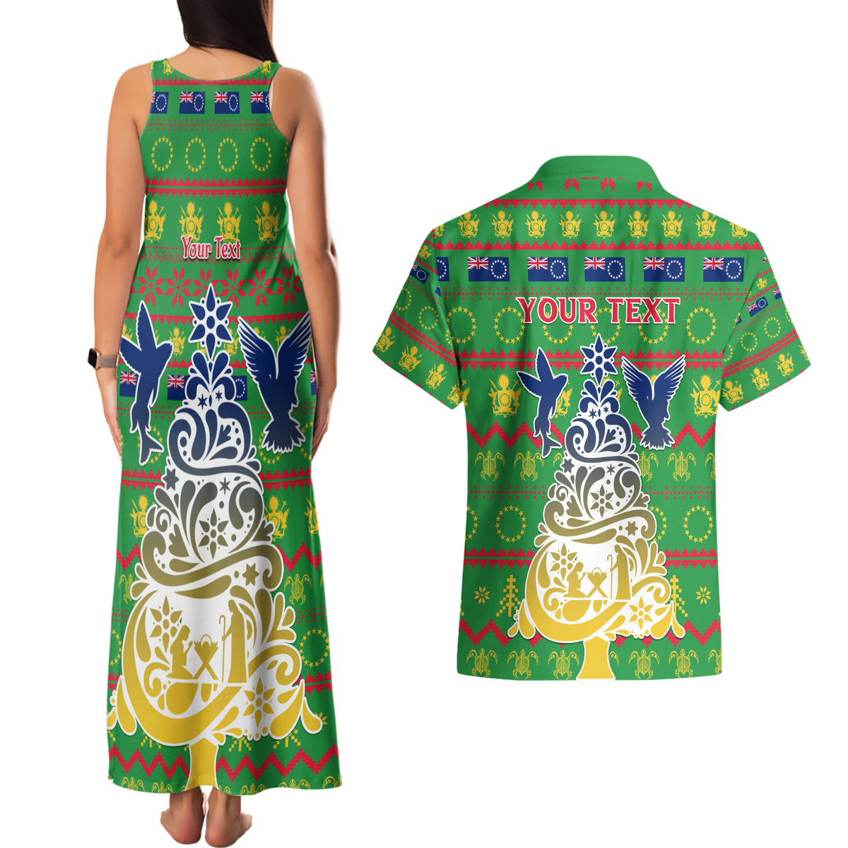 Personalised Cook Islands Christmas Couples Matching Tank Maxi Dress and Hawaiian Shirt Santa Coat Of Arms Meri Kiritimiti LT05 - Polynesian Pride