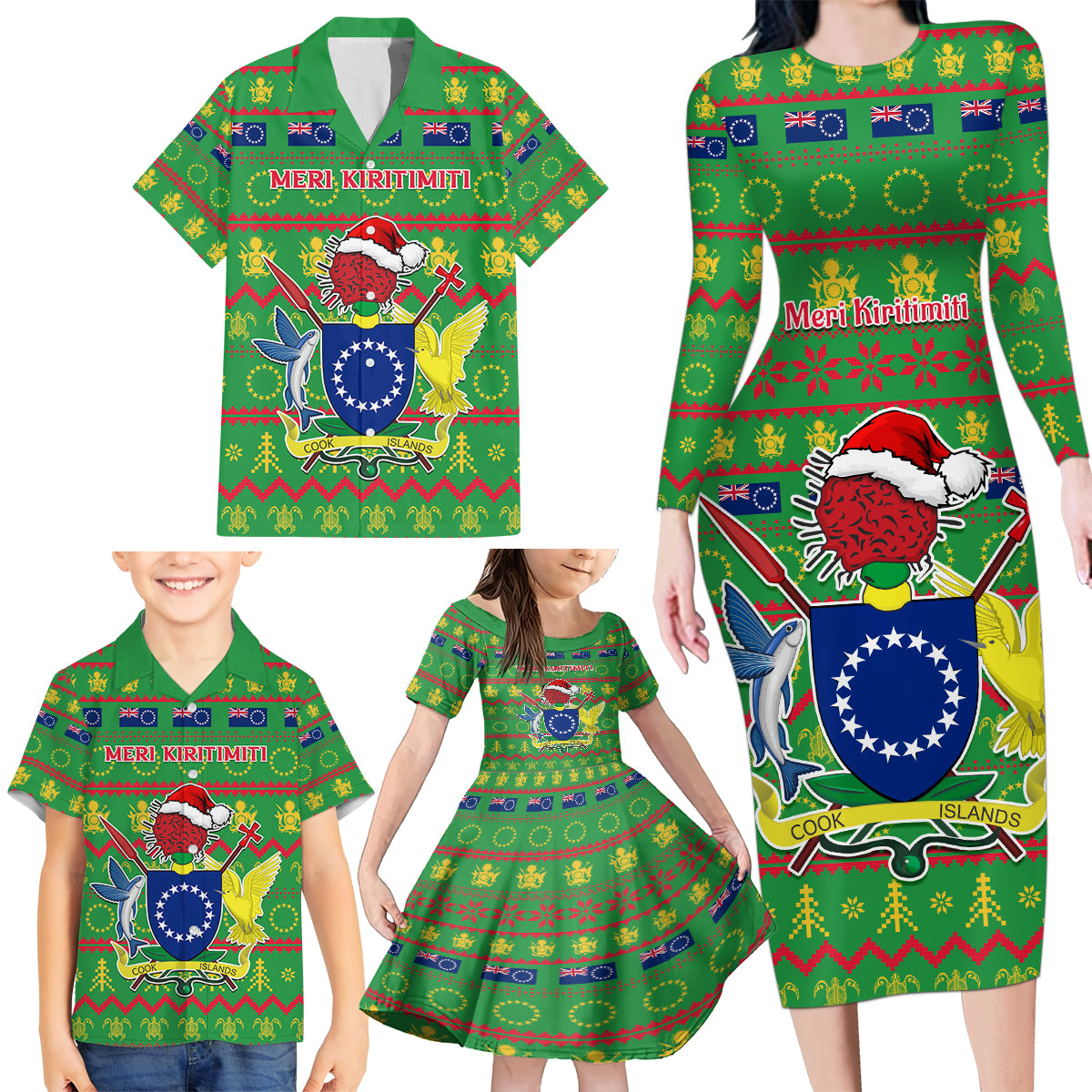 Personalised Cook Islands Christmas Family Matching Long Sleeve Bodycon Dress and Hawaiian Shirt Santa Coat Of Arms Meri Kiritimiti LT05 - Polynesian Pride