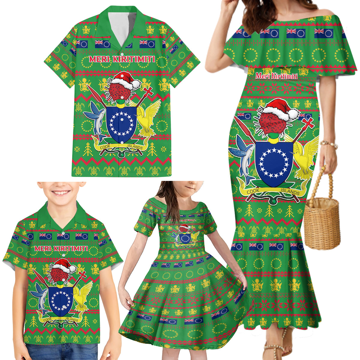 Personalised Cook Islands Christmas Family Matching Mermaid Dress and Hawaiian Shirt Santa Coat Of Arms Meri Kiritimiti LT05 - Polynesian Pride