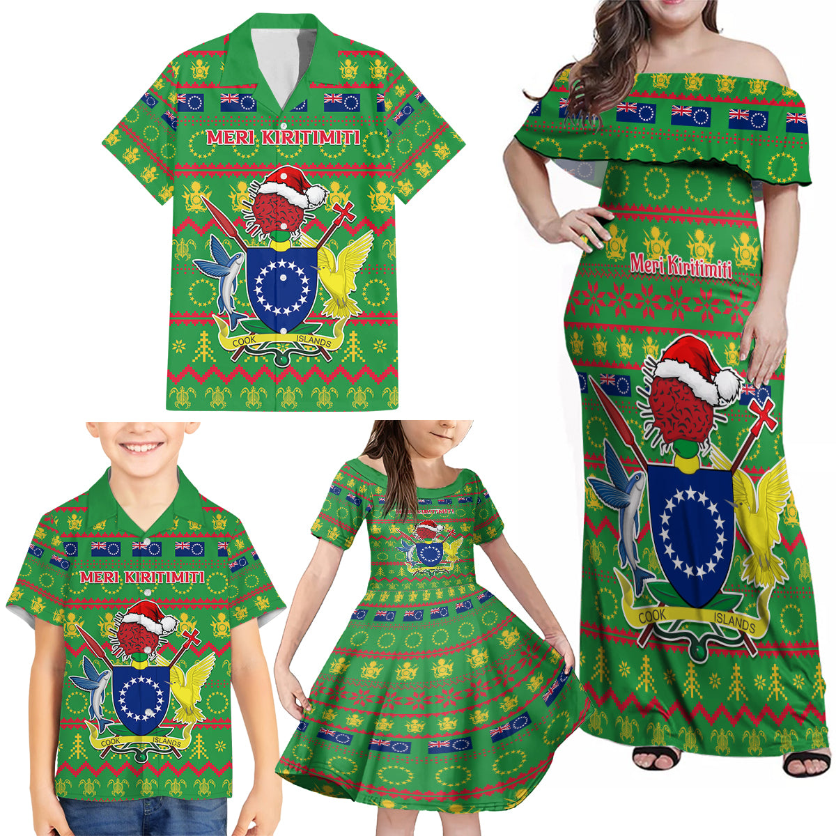 Personalised Cook Islands Christmas Family Matching Off Shoulder Maxi Dress and Hawaiian Shirt Santa Coat Of Arms Meri Kiritimiti LT05 - Polynesian Pride