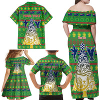 Personalised Cook Islands Christmas Family Matching Off Shoulder Maxi Dress and Hawaiian Shirt Santa Coat Of Arms Meri Kiritimiti LT05 - Polynesian Pride