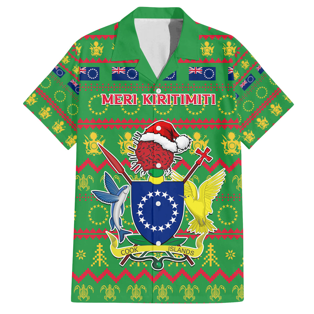 Personalised Cook Islands Christmas Family Matching Off Shoulder Maxi Dress and Hawaiian Shirt Santa Coat Of Arms Meri Kiritimiti LT05 Dad's Shirt - Short Sleeve Green - Polynesian Pride