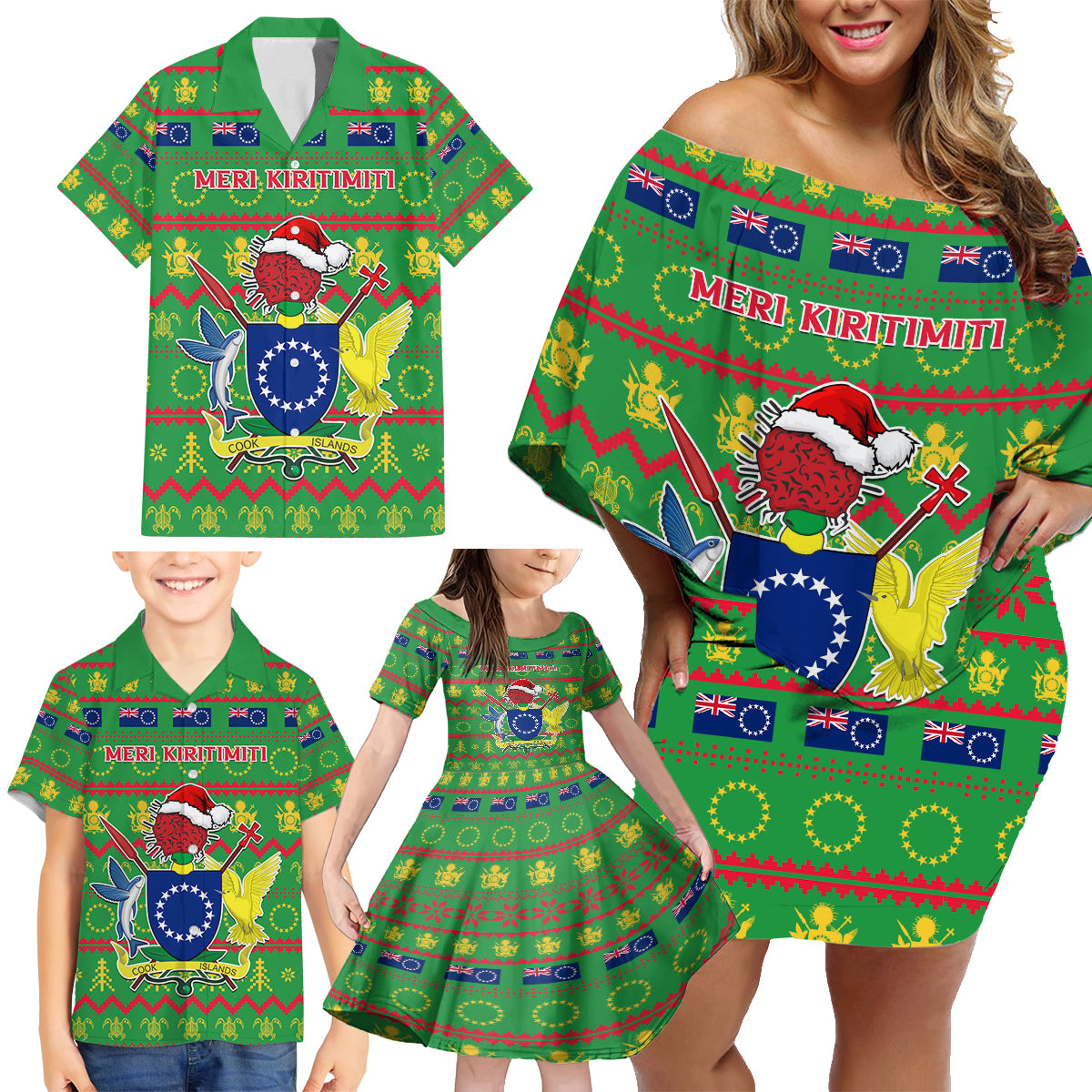 Personalised Cook Islands Christmas Family Matching Off Shoulder Short Dress and Hawaiian Shirt Santa Coat Of Arms Meri Kiritimiti LT05 - Polynesian Pride