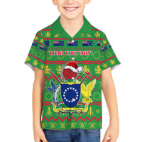 Personalised Cook Islands Christmas Family Matching Off Shoulder Short Dress and Hawaiian Shirt Santa Coat Of Arms Meri Kiritimiti LT05 Son's Shirt Green - Polynesian Pride