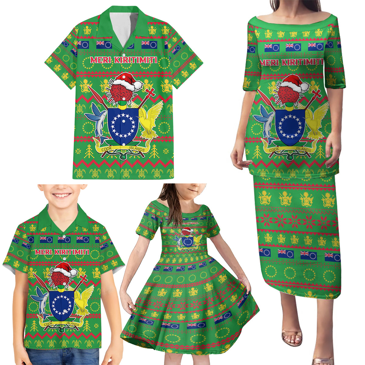 Personalised Cook Islands Christmas Family Matching Puletasi Dress and Hawaiian Shirt Santa Coat Of Arms Meri Kiritimiti LT05 - Polynesian Pride