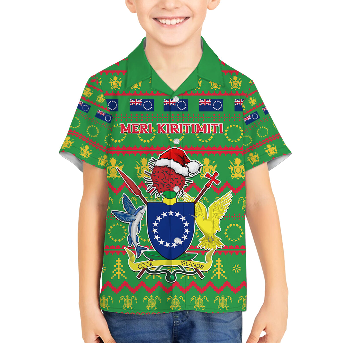 Personalised Cook Islands Christmas Family Matching Puletasi Dress and Hawaiian Shirt Santa Coat Of Arms Meri Kiritimiti LT05 Son's Shirt Green - Polynesian Pride