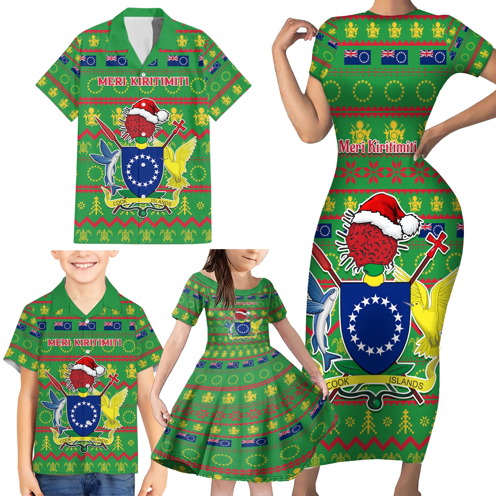 Personalised Cook Islands Christmas Family Matching Short Sleeve Bodycon Dress and Hawaiian Shirt Santa Coat Of Arms Meri Kiritimiti LT05 - Polynesian Pride