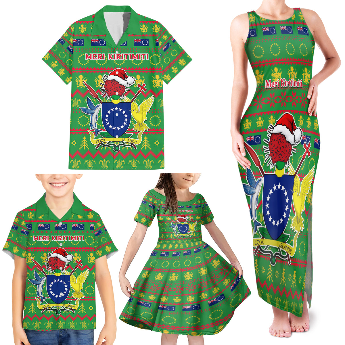 Personalised Cook Islands Christmas Family Matching Tank Maxi Dress and Hawaiian Shirt Santa Coat Of Arms Meri Kiritimiti LT05 - Polynesian Pride