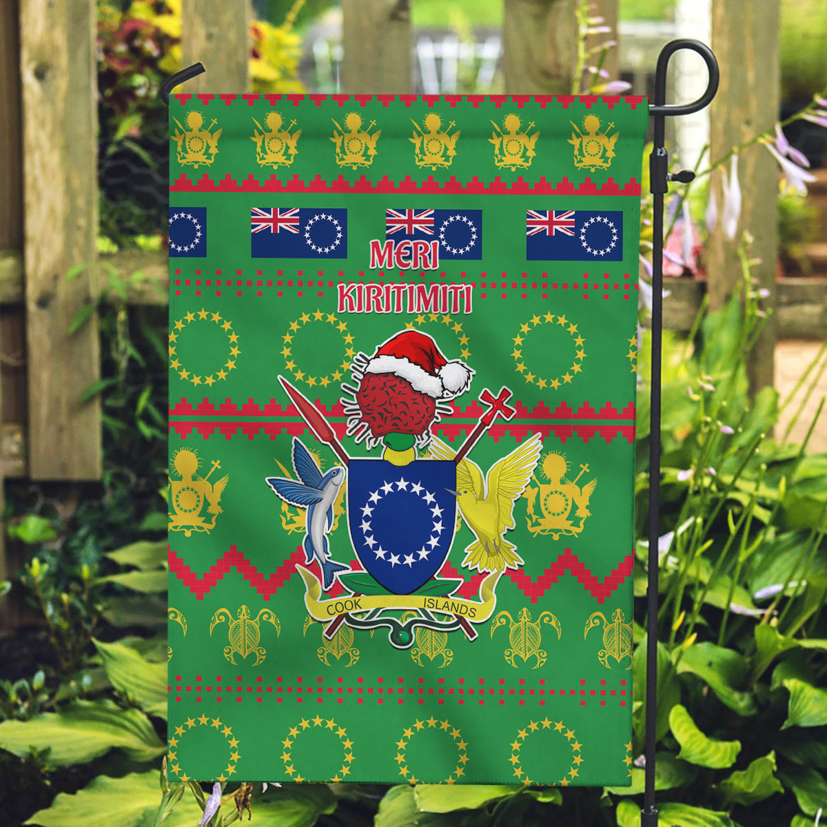 Cook Islands Christmas Garden Flag Santa Coat Of Arms Meri Kiritimiti LT05 Garden Flag Green - Polynesian Pride