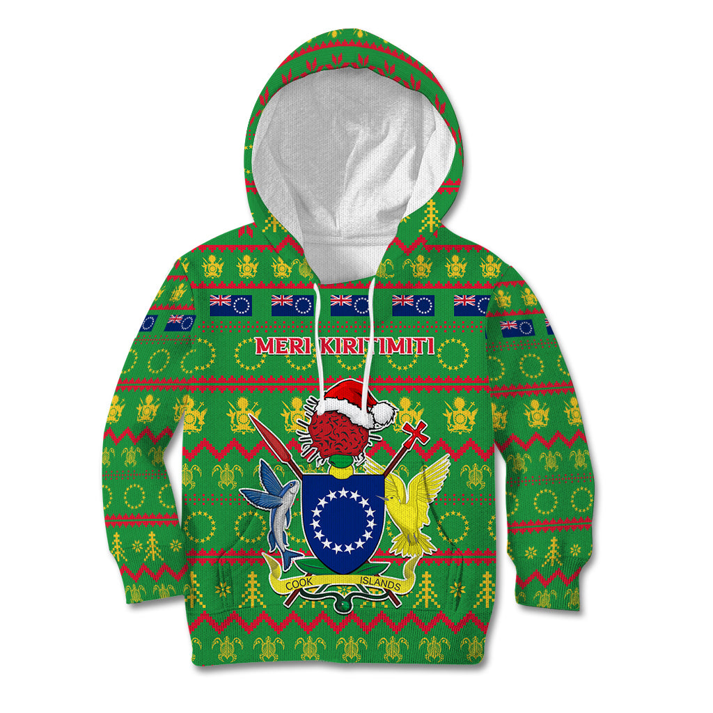 Personalised Cook Islands Christmas Kid Hoodie Santa Coat Of Arms Meri Kiritimiti LT05 Hoodie Green - Polynesian Pride