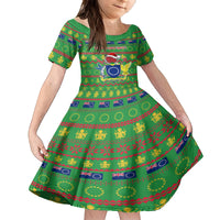 Personalised Cook Islands Christmas Kid Short Sleeve Dress Santa Coat Of Arms Meri Kiritimiti LT05 KID Green - Polynesian Pride