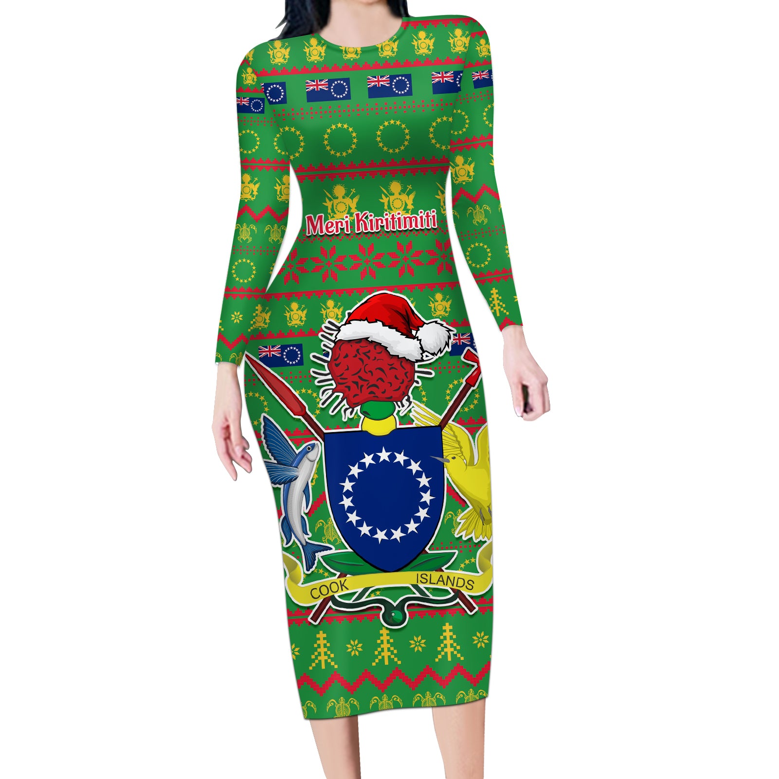 Personalised Cook Islands Christmas Long Sleeve Bodycon Dress Santa Coat Of Arms Meri Kiritimiti LT05 Long Dress Green - Polynesian Pride