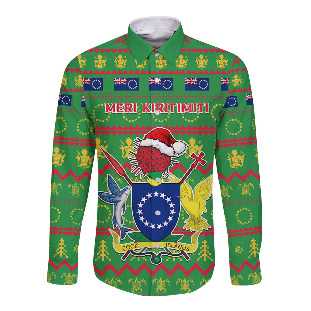 Personalised Cook Islands Christmas Long Sleeve Button Shirt Santa Coat Of Arms Meri Kiritimiti LT05 Unisex Green - Polynesian Pride