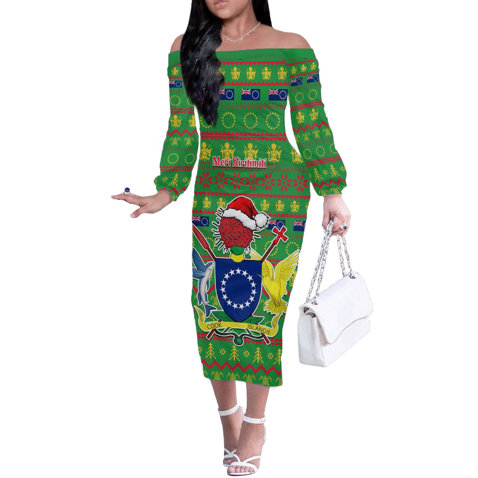 Personalised Cook Islands Christmas Off The Shoulder Long Sleeve Dress Santa Coat Of Arms Meri Kiritimiti LT05 Women Green - Polynesian Pride