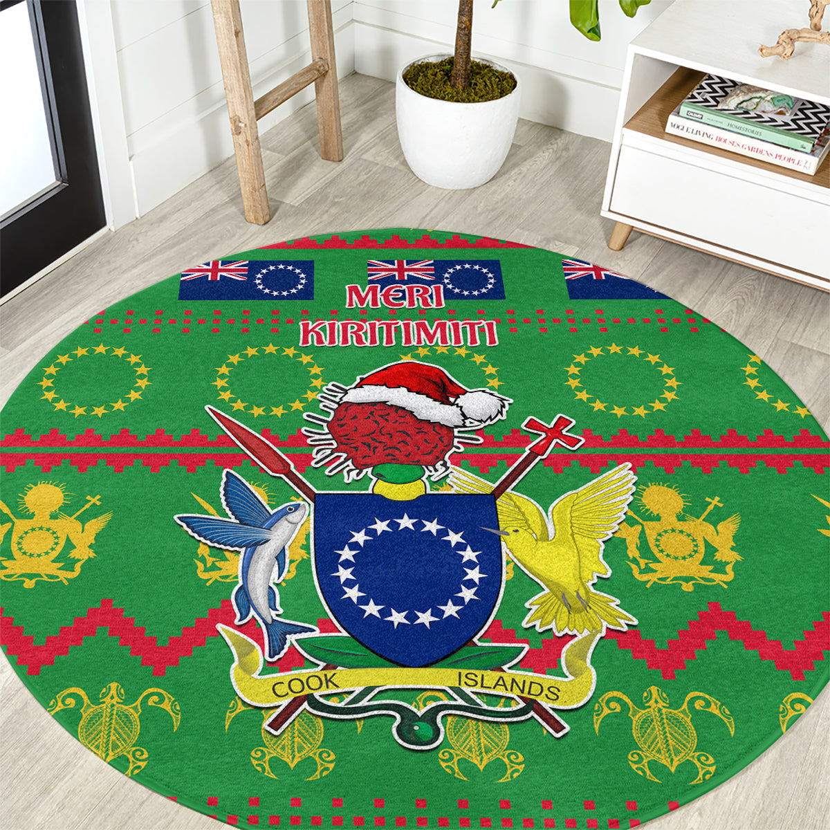 Cook Islands Christmas Round Carpet Santa Coat Of Arms Meri Kiritimiti LT05 Green - Polynesian Pride