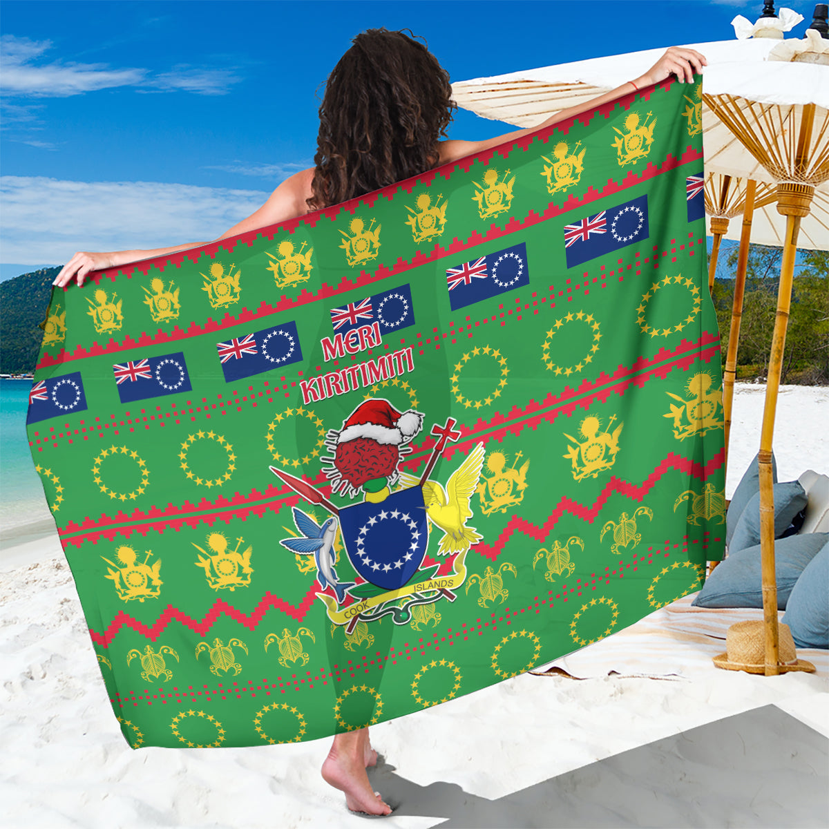 Cook Islands Christmas Sarong Santa Coat Of Arms Meri Kiritimiti LT05 One Size 44 x 66 inches Green - Polynesian Pride