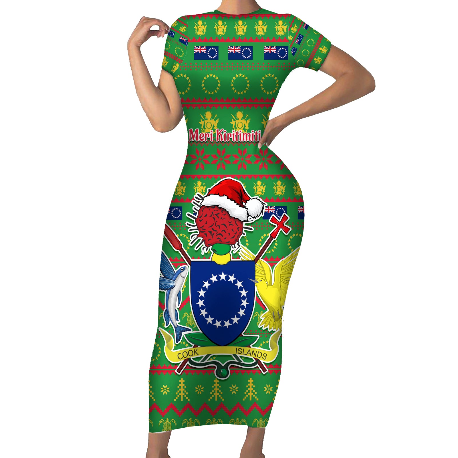 Personalised Cook Islands Christmas Short Sleeve Bodycon Dress Santa Coat Of Arms Meri Kiritimiti LT05 Long Dress Green - Polynesian Pride