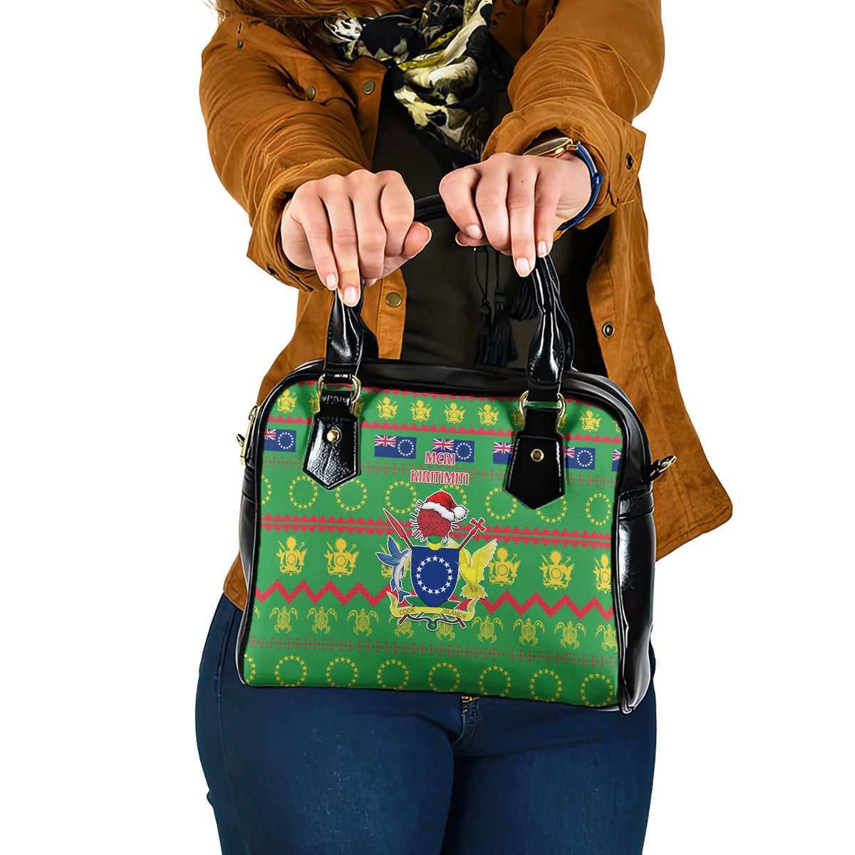 Cook Islands Christmas Shoulder Handbag Santa Coat Of Arms Meri Kiritimiti LT05 One Size Green - Polynesian Pride