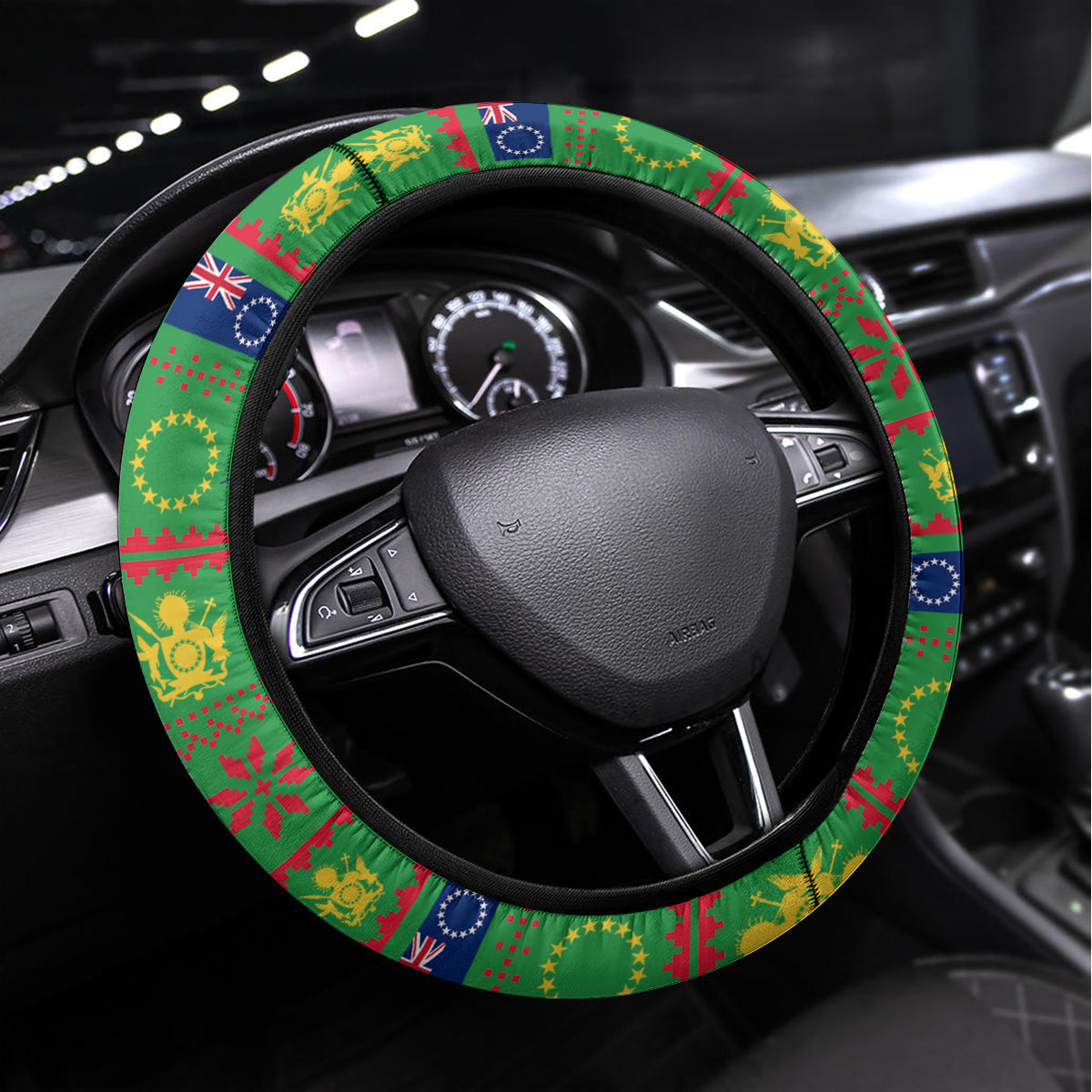 Cook Islands Christmas Steering Wheel Cover Santa Coat Of Arms Meri Kiritimiti LT05 Universal Fit Green - Polynesian Pride