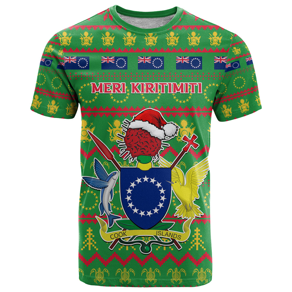 Personalised Cook Islands Christmas T Shirt Santa Coat Of Arms Meri Kiritimiti LT05 Green - Polynesian Pride