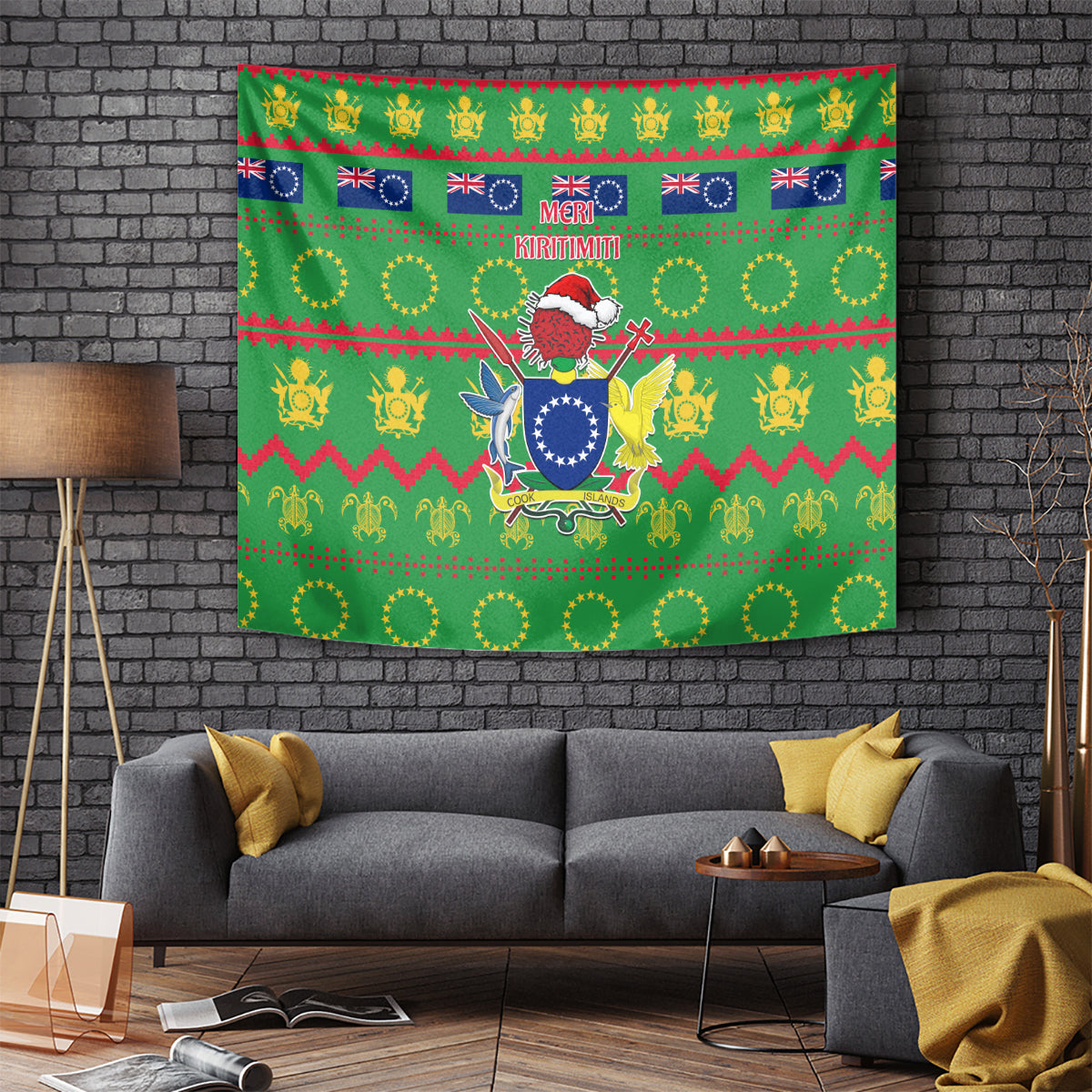 Cook Islands Christmas Tapestry Santa Coat Of Arms Meri Kiritimiti LT05 Green - Polynesian Pride