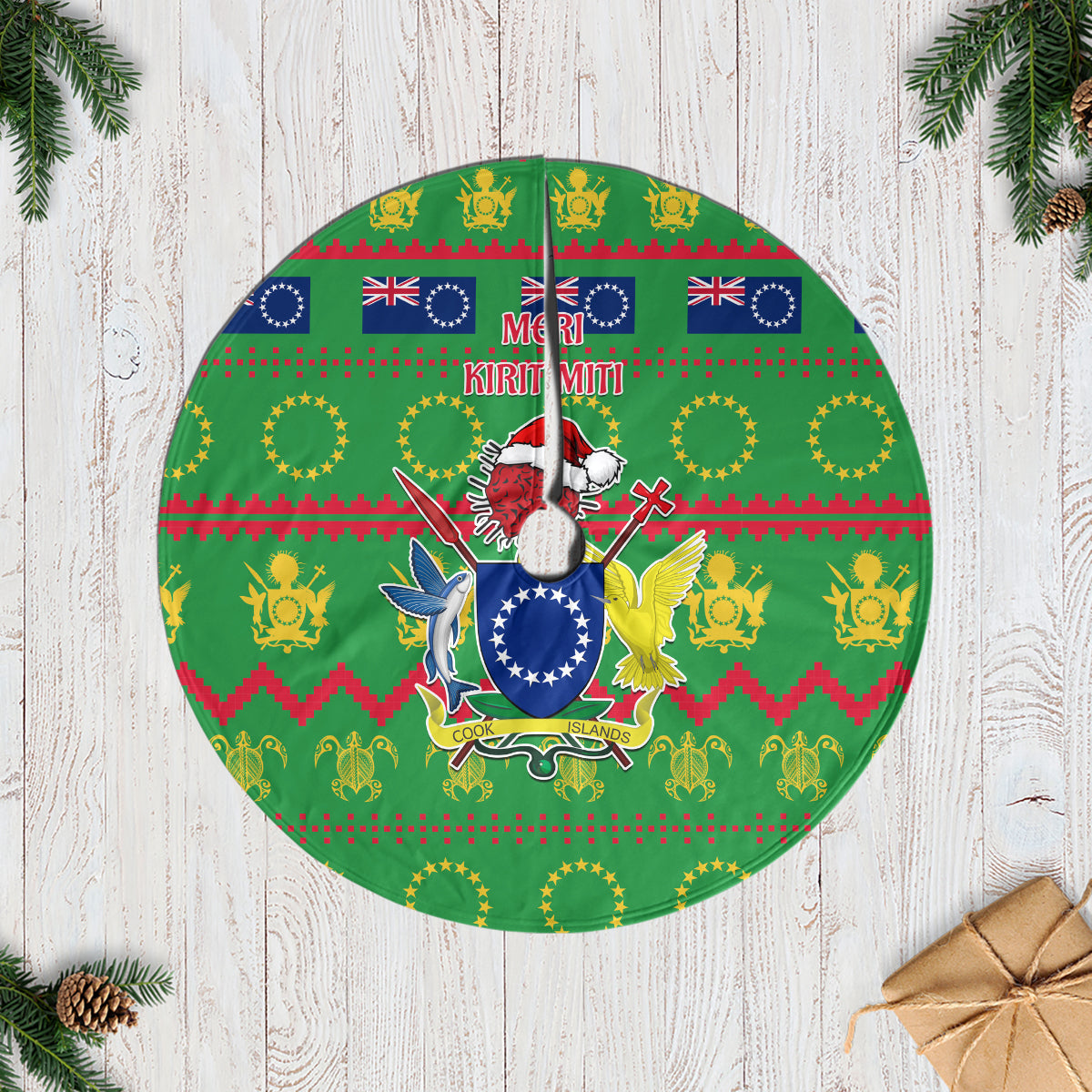 Cook Islands Christmas Tree Skirt Santa Coat Of Arms Meri Kiritimiti LT05 Casual Tree Skirts Green - Polynesian Pride