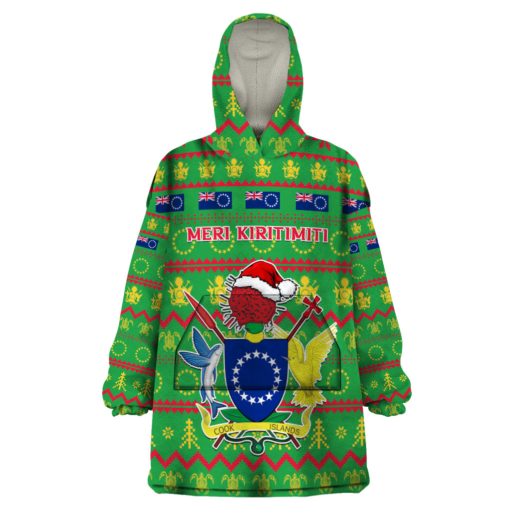 Personalised Cook Islands Christmas Wearable Blanket Hoodie Santa Coat Of Arms Meri Kiritimiti LT05 One Size Green - Polynesian Pride