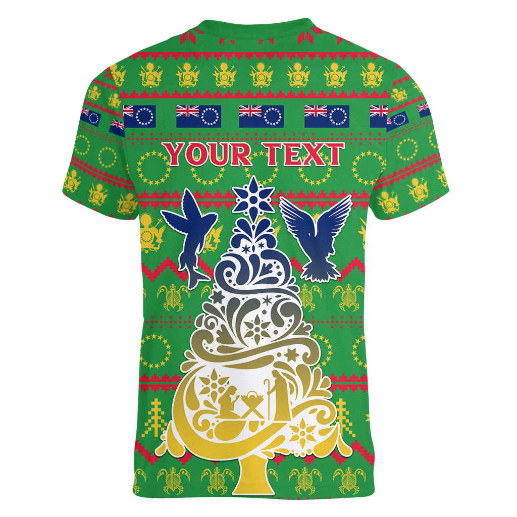 Personalised Cook Islands Christmas Women V Neck T Shirt Santa Coat Of Arms Meri Kiritimiti LT05 - Polynesian Pride