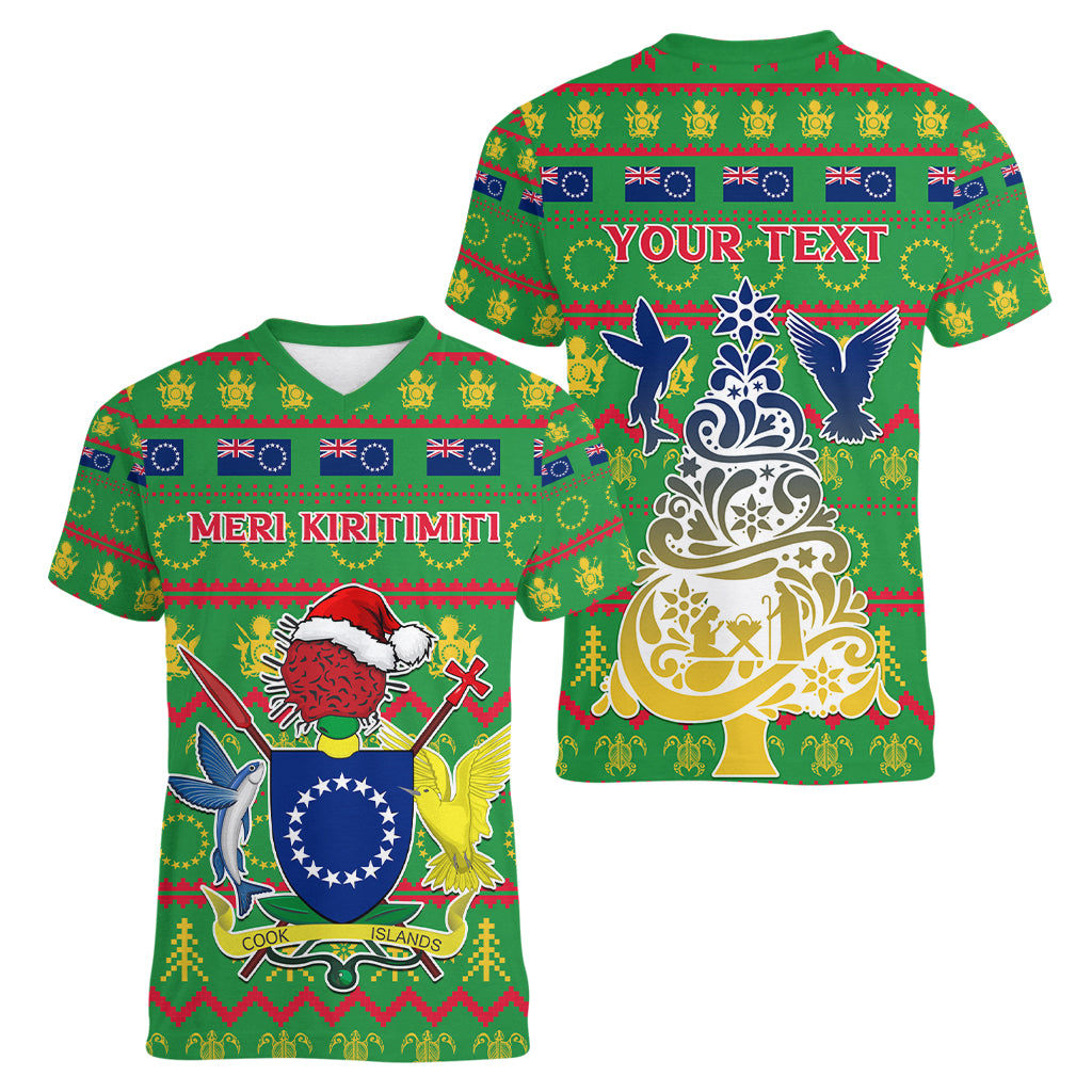Personalised Cook Islands Christmas Women V Neck T Shirt Santa Coat Of Arms Meri Kiritimiti LT05 - Polynesian Pride