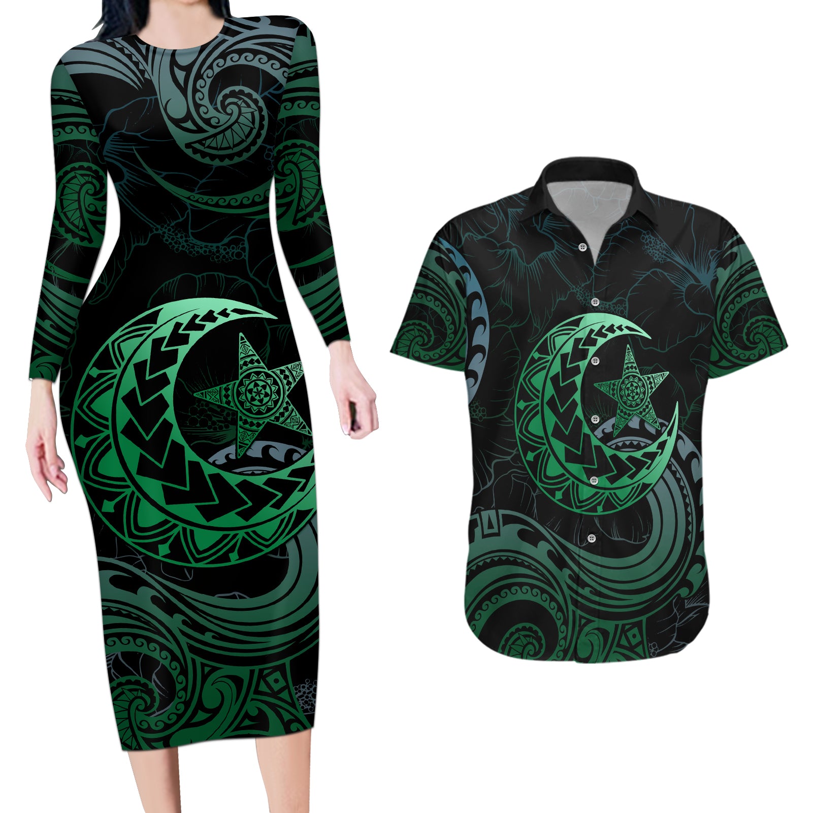 Personalised Polynesia Couples Matching Long Sleeve Bodycon Dress and Hawaiian Shirt With Islam Crescent And Star LT05 Green - Polynesian Pride