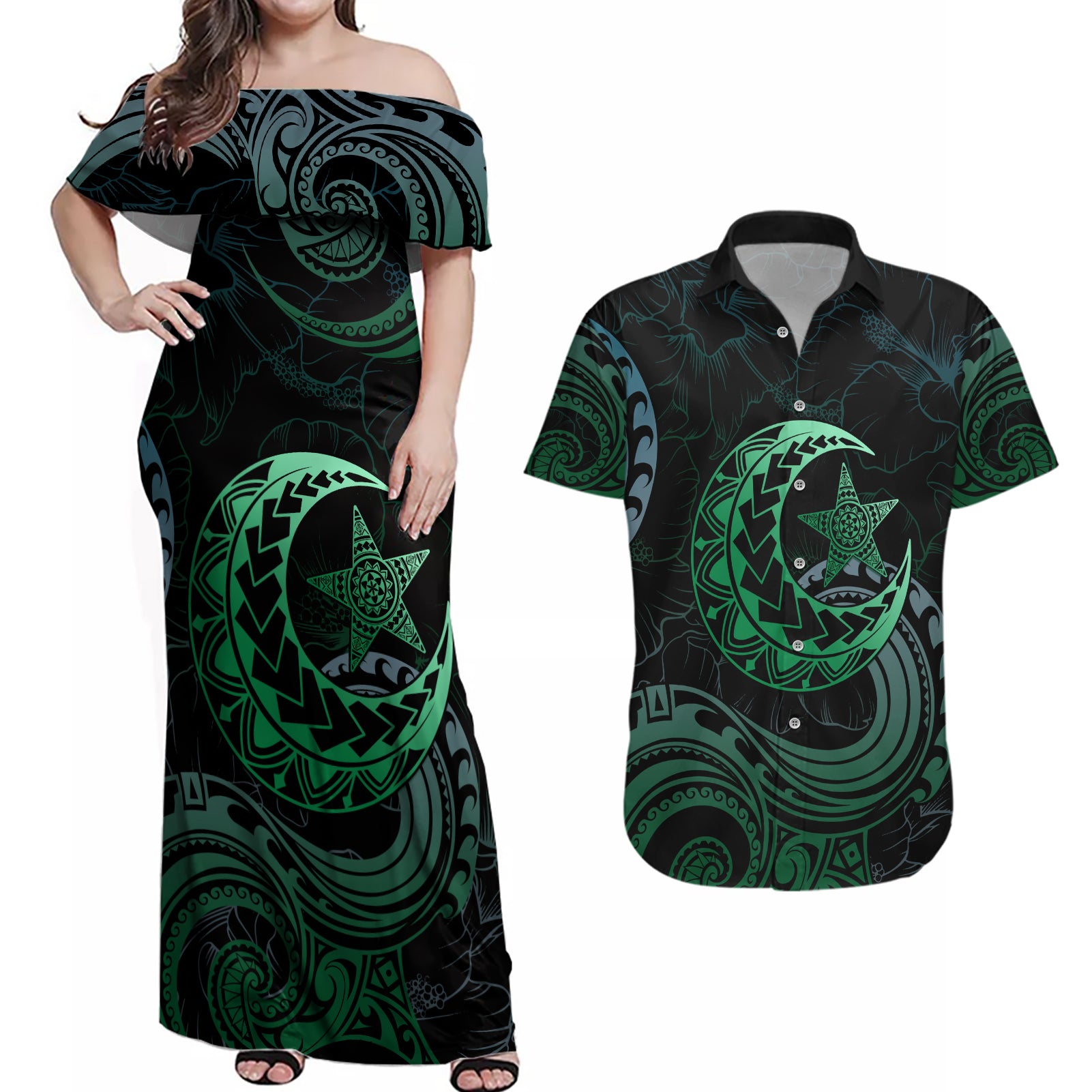 Personalised Polynesia Couples Matching Off Shoulder Maxi Dress and Hawaiian Shirt With Islam Crescent And Star LT05 Green - Polynesian Pride