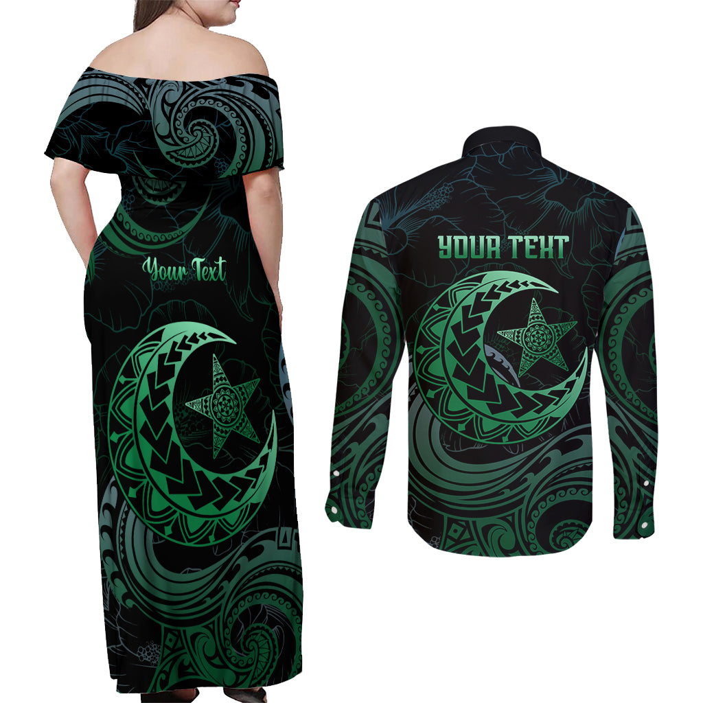Personalised Polynesia Couples Matching Off Shoulder Maxi Dress and Long Sleeve Button Shirt With Islam Crescent And Star LT05 - Polynesian Pride
