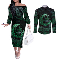 Personalised Polynesia Couples Matching Off The Shoulder Long Sleeve Dress and Long Sleeve Button Shirt With Islam Crescent And Star LT05 Green - Polynesian Pride