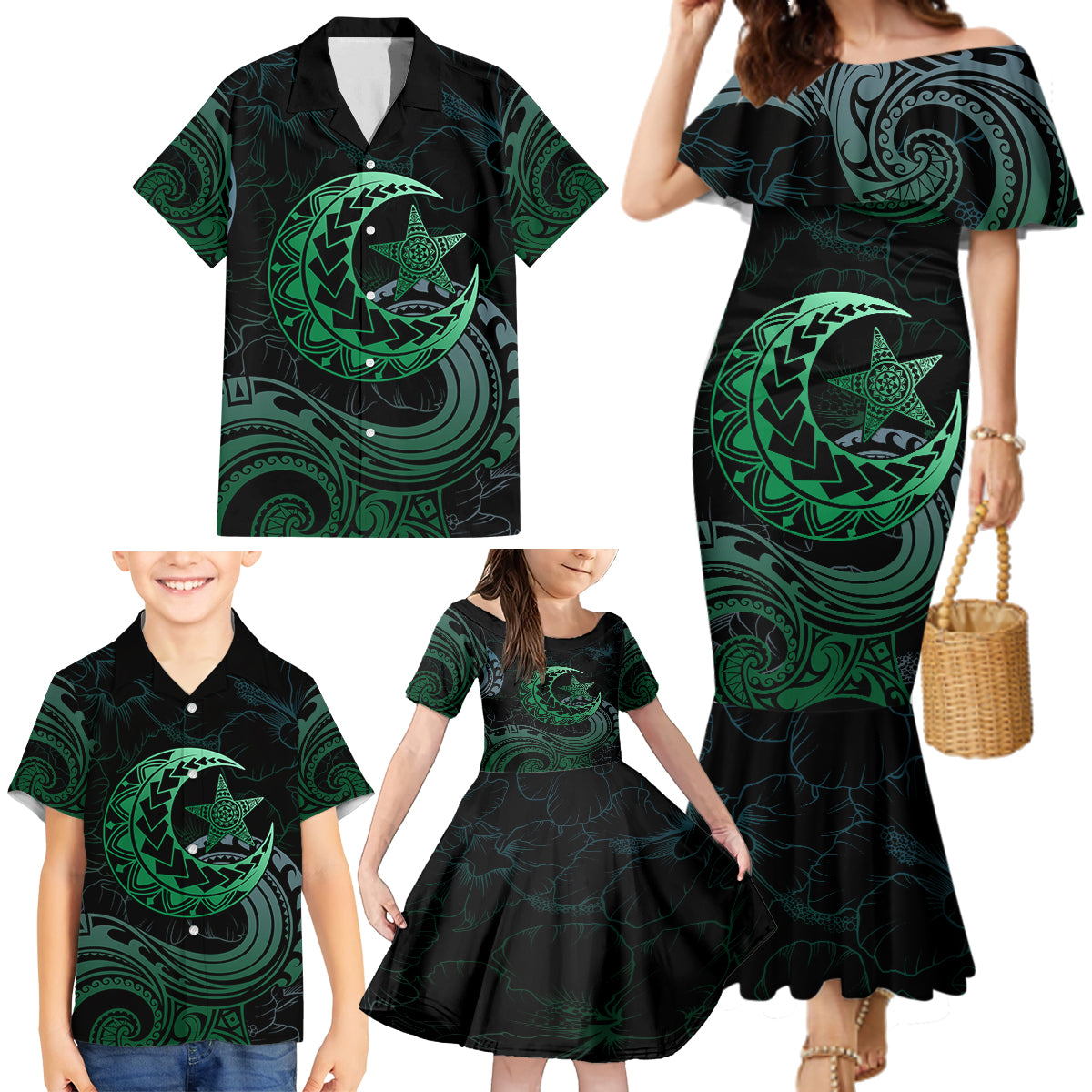 Personalised Polynesia Family Matching Mermaid Dress and Hawaiian Shirt With Islam Crescent And Star LT05 - Polynesian Pride