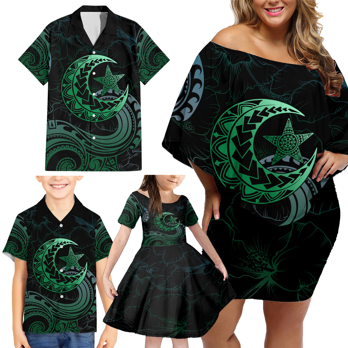 Personalised Polynesia Family Matching Off Shoulder Short Dress and Hawaiian Shirt With Islam Crescent And Star LT05 - Polynesian Pride